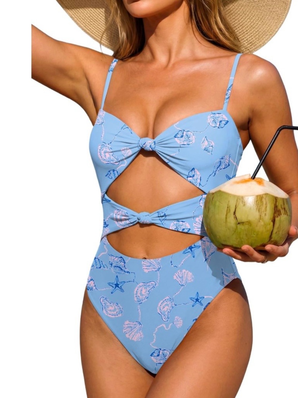 Light Blue Seashell Cutout One-Piece Swimsuit